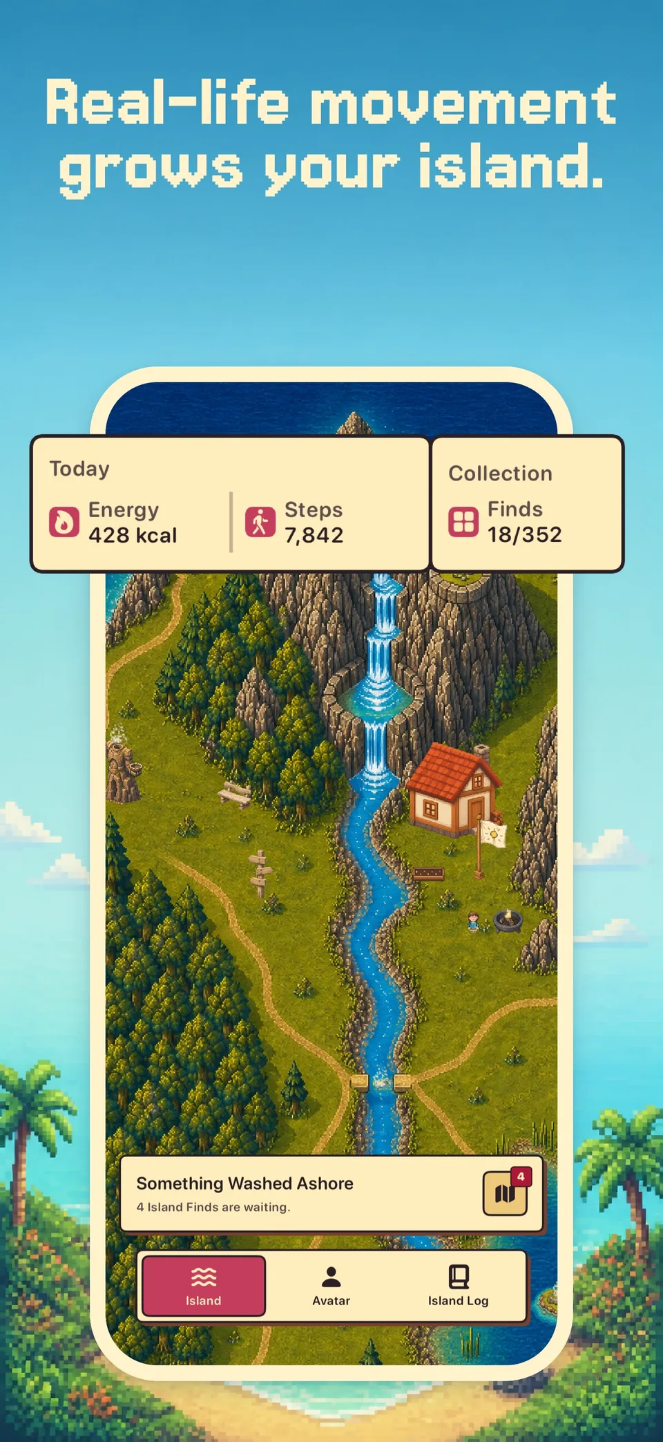 Health Island on iPhone, showing movement, a personal island and the collection.