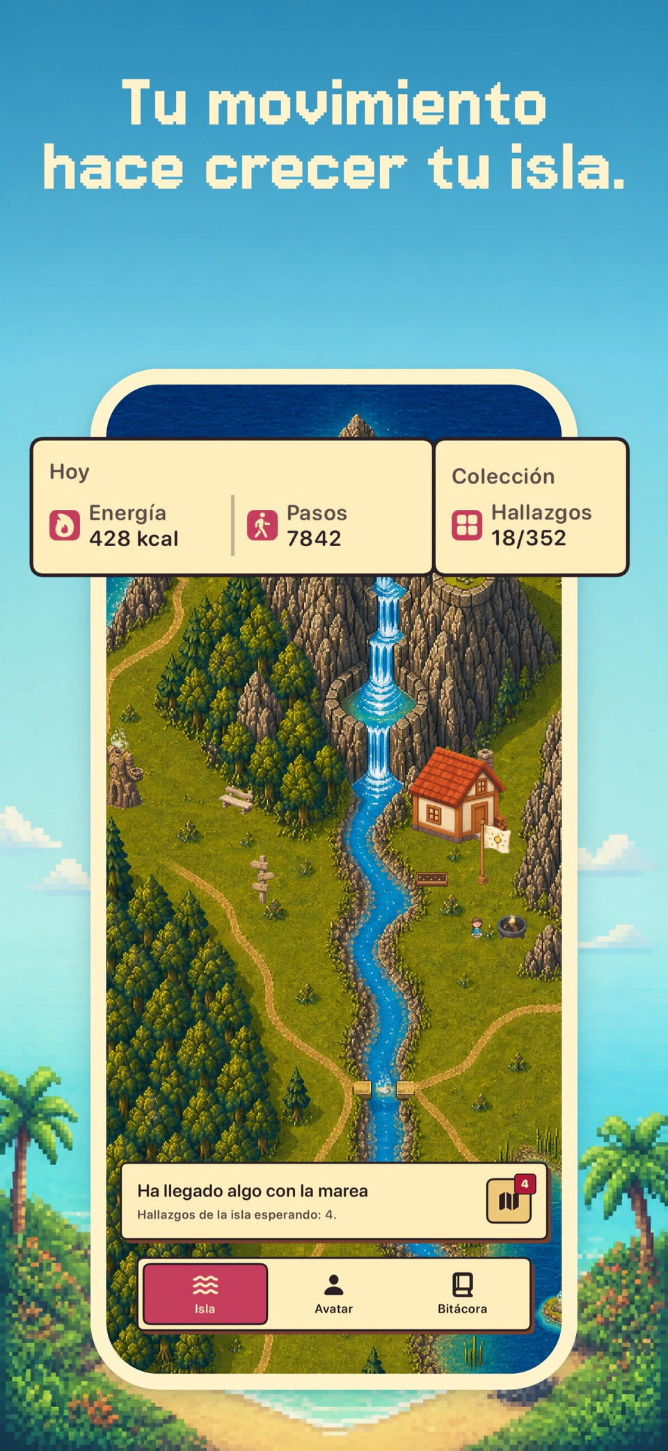 Health Island en español en un iPhone, con el movimiento, una isla personal y la Colección.