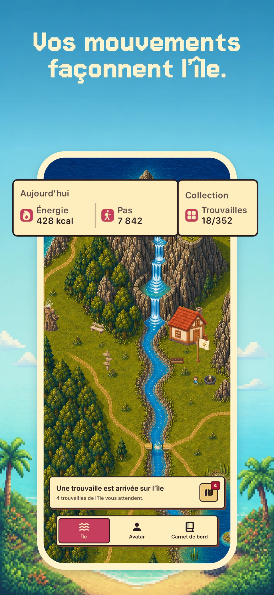 Health Island sur iPhone, avec les mouvements, une île personnelle et la collection.