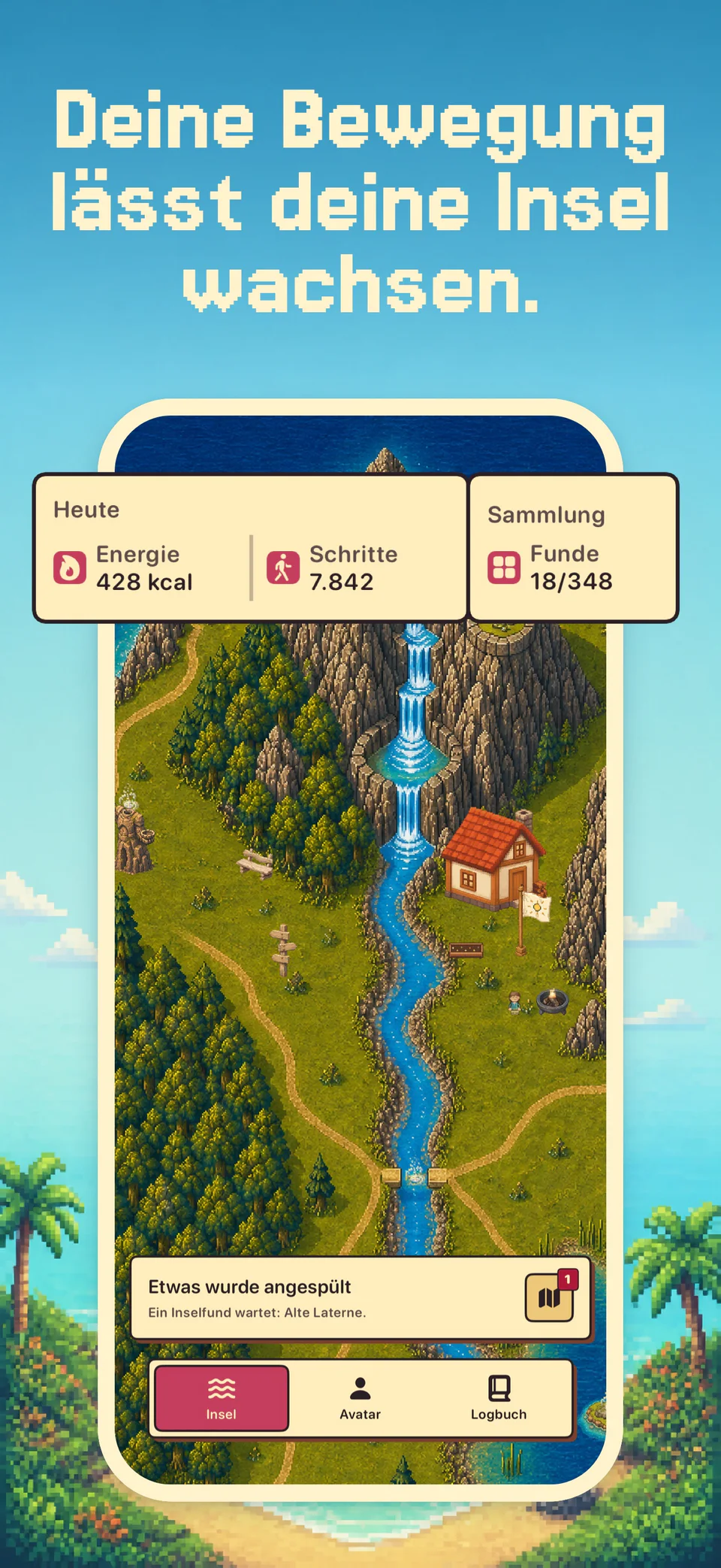 Health Island auf dem iPhone mit Bewegungswerten, persönlicher Insel und Sammlung.