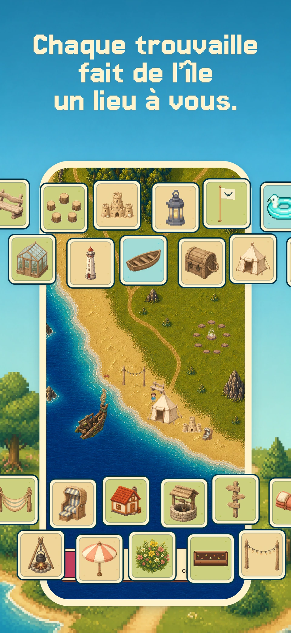 Health Island sur iPhone, avec un littoral aménagé et une sélection de trouvailles pour l’île.