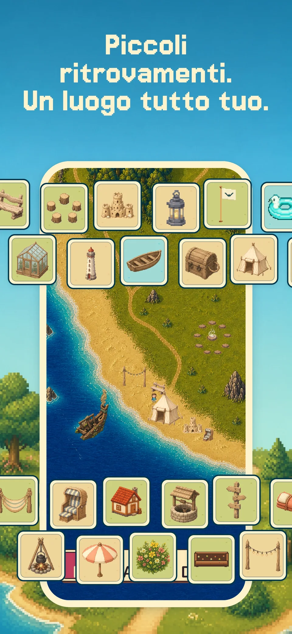 Health Island su iPhone, con una costa modellata e una selezione di ritrovamenti dell’isola.