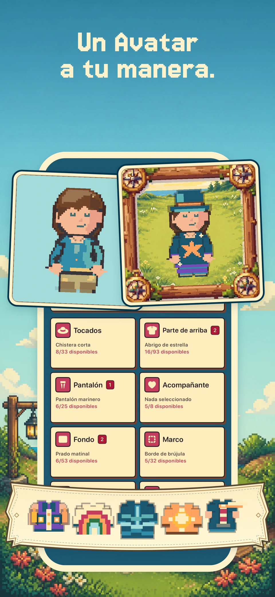 Dos estilos de avatar y una selección de ropa en Health Island en español en un iPhone.