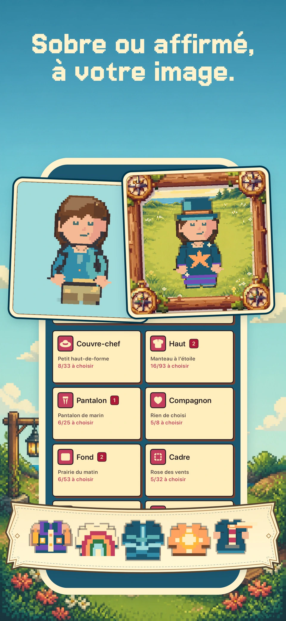 Deux styles d’avatar et une sélection de vêtements dans Health Island sur iPhone.