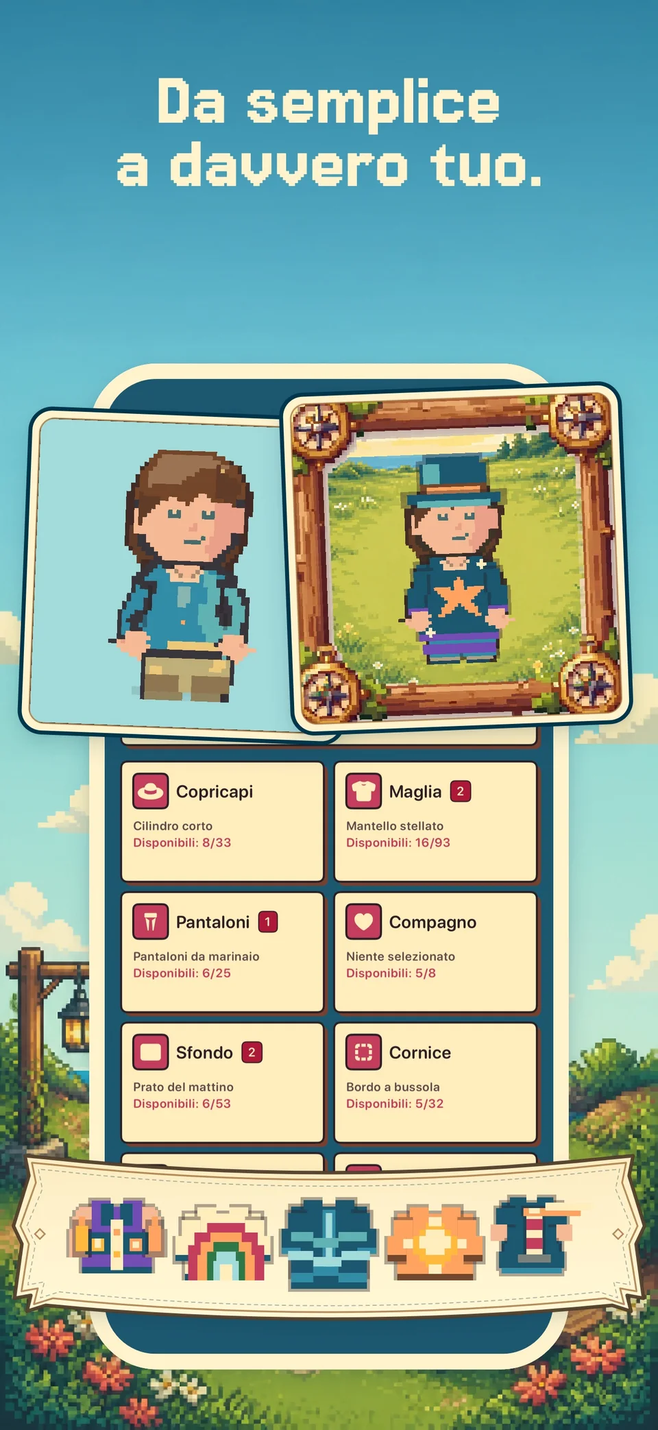 Due look per l’avatar e una selezione di abiti in Health Island su iPhone.
