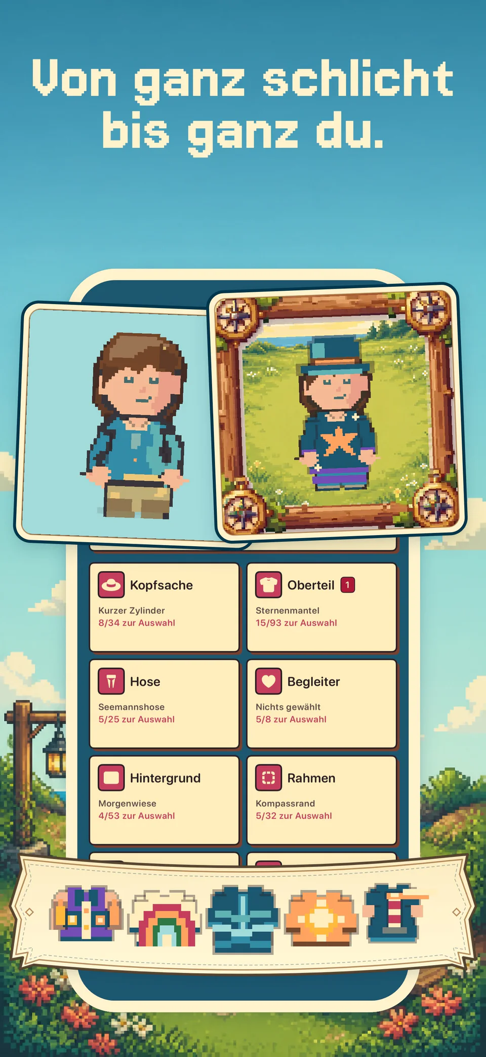 Zwei Avatar-Auftritte und eine Auswahl verschiedener Kleidungsstücke in Health Island auf dem iPhone.