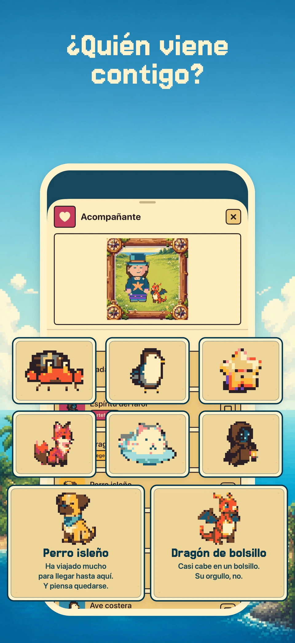 Una selección de acompañantes en Health Island en español en un iPhone.