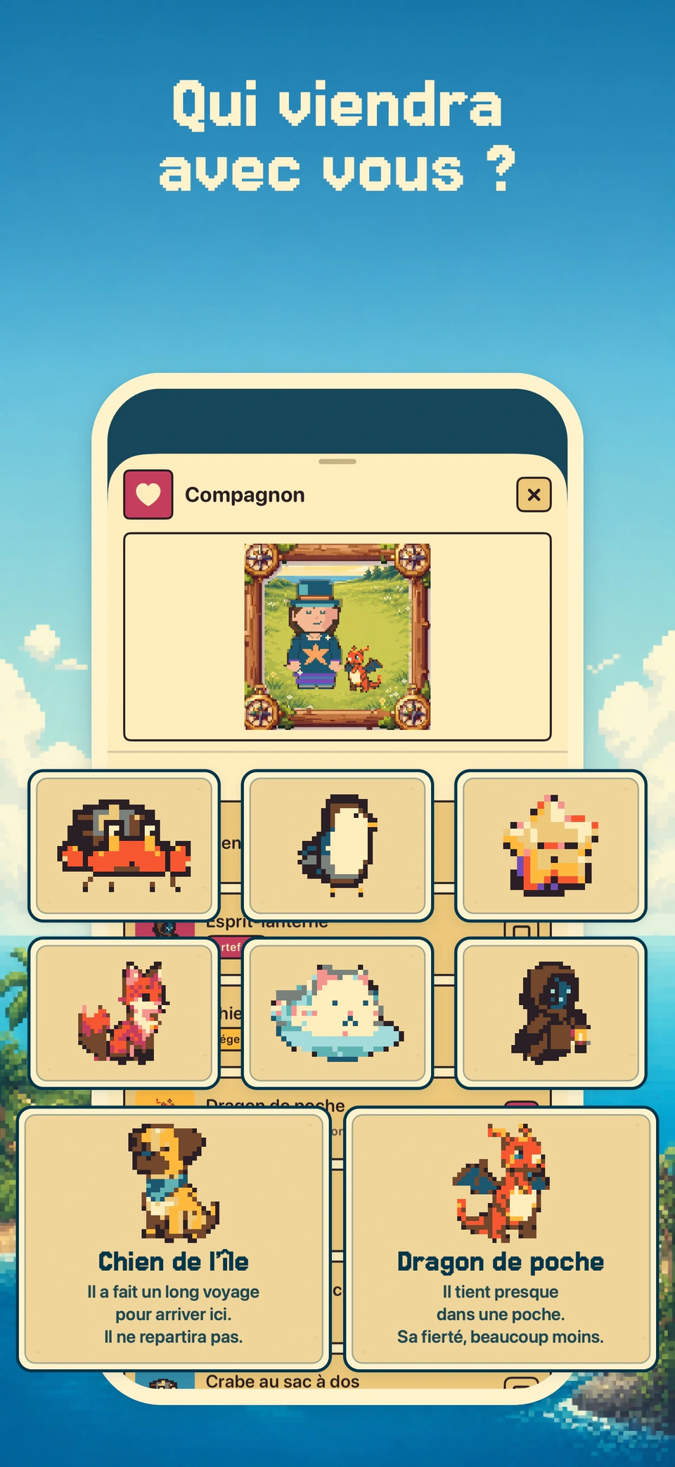 Une sélection de compagnons dans Health Island sur iPhone.