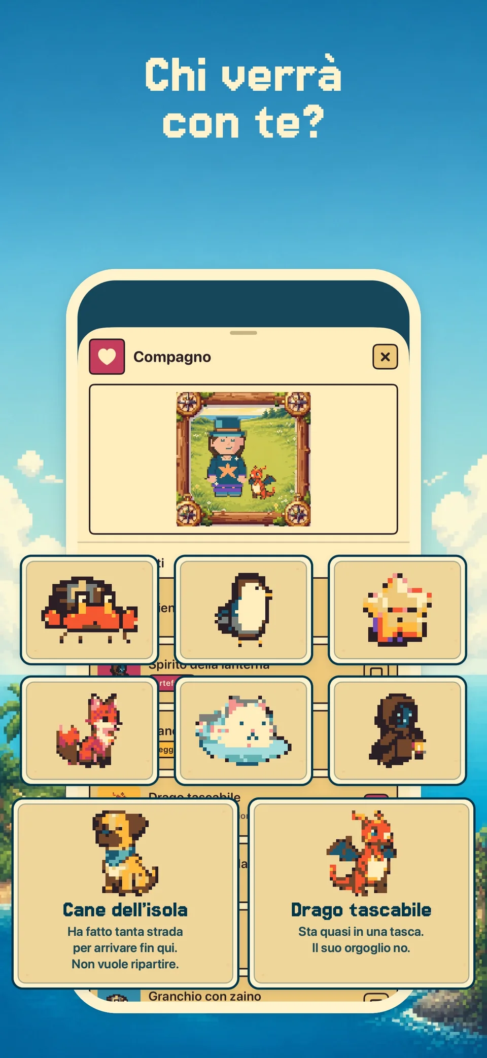 Una selezione di compagni in Health Island su iPhone.