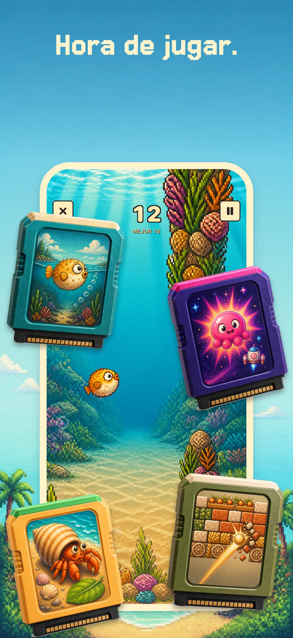 Una máquina recreativa con Flappy Puffer y cuatro juegos arcade en Health Island en un iPhone.