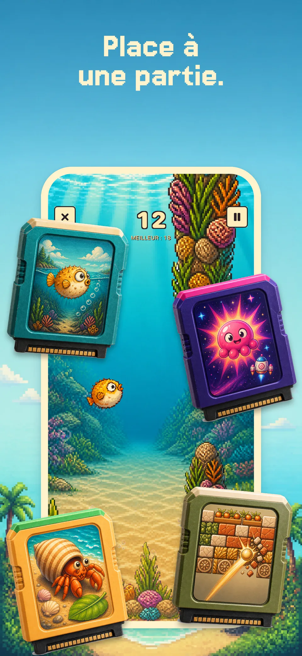 Une borne d’arcade avec Flappy Puffer et quatre jeux d’arcade dans Health Island sur iPhone.