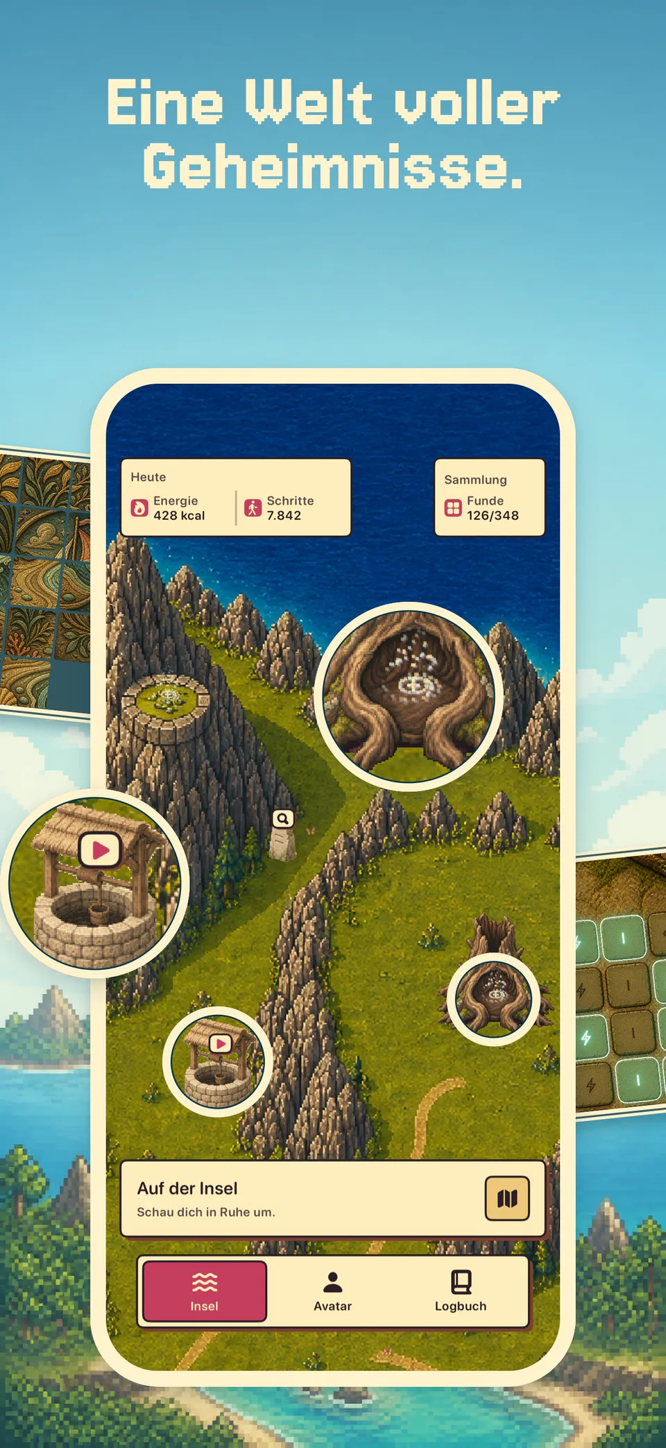 Die Bewegungsinsel mit besonderen Orten, einem Schiebemosaik und einem Lichtgitter in Health Island auf dem iPhone.