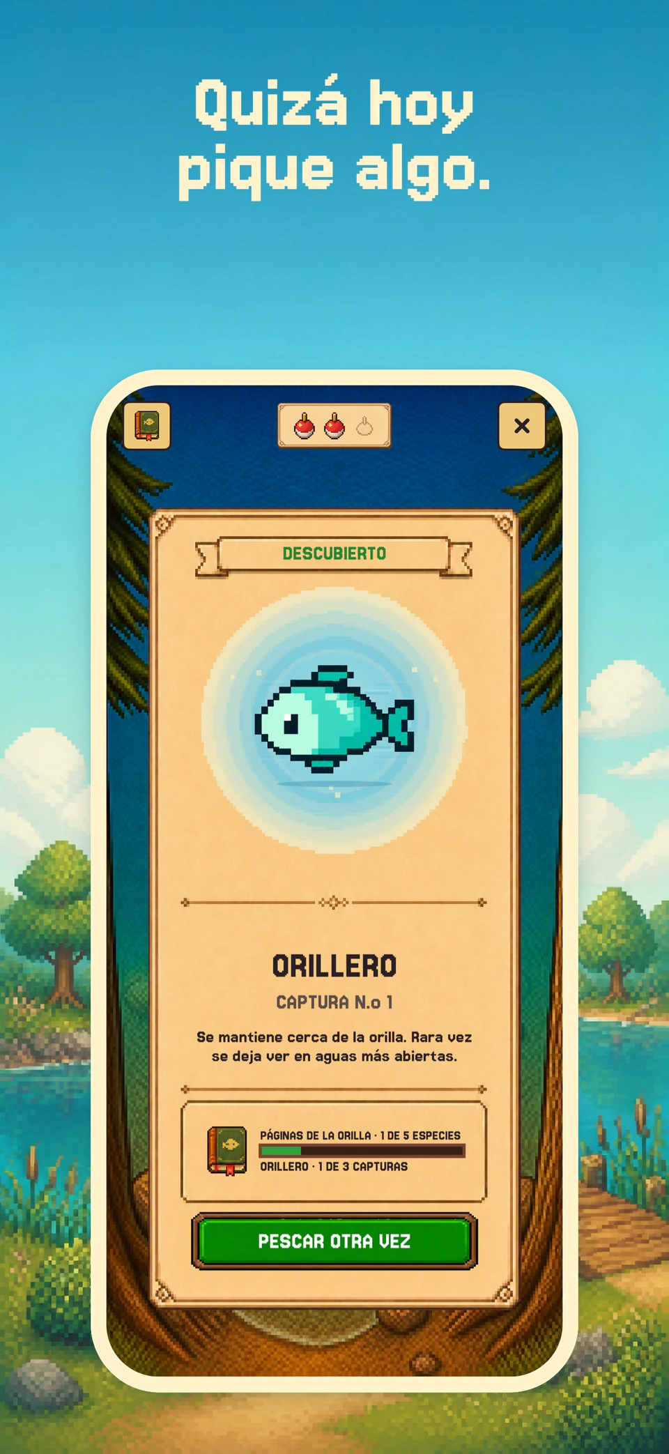 Una captura y un pez recién descubierto en el Cuaderno de pesca de Health Island en español en un iPhone.