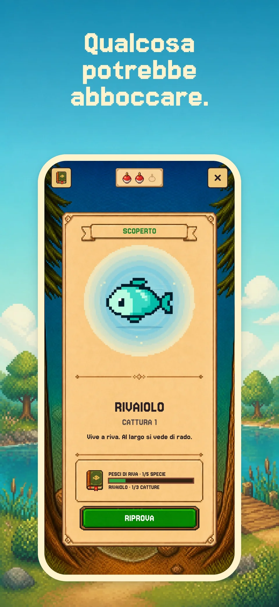 Una cattura e un pesce appena scoperto nel diario di pesca di Health Island su iPhone.