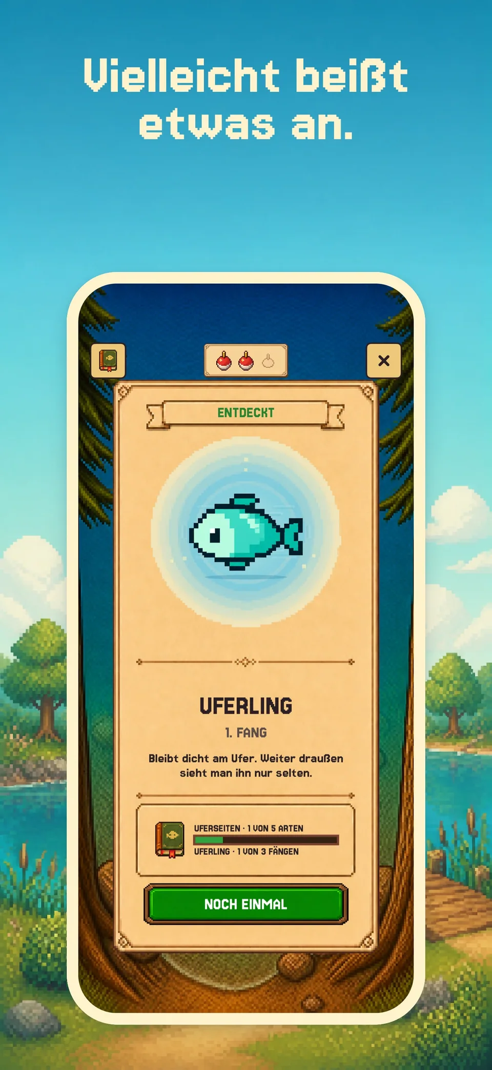 Ein Fangmoment und ein entdeckter Fisch im Angelbuch von Health Island auf dem iPhone.