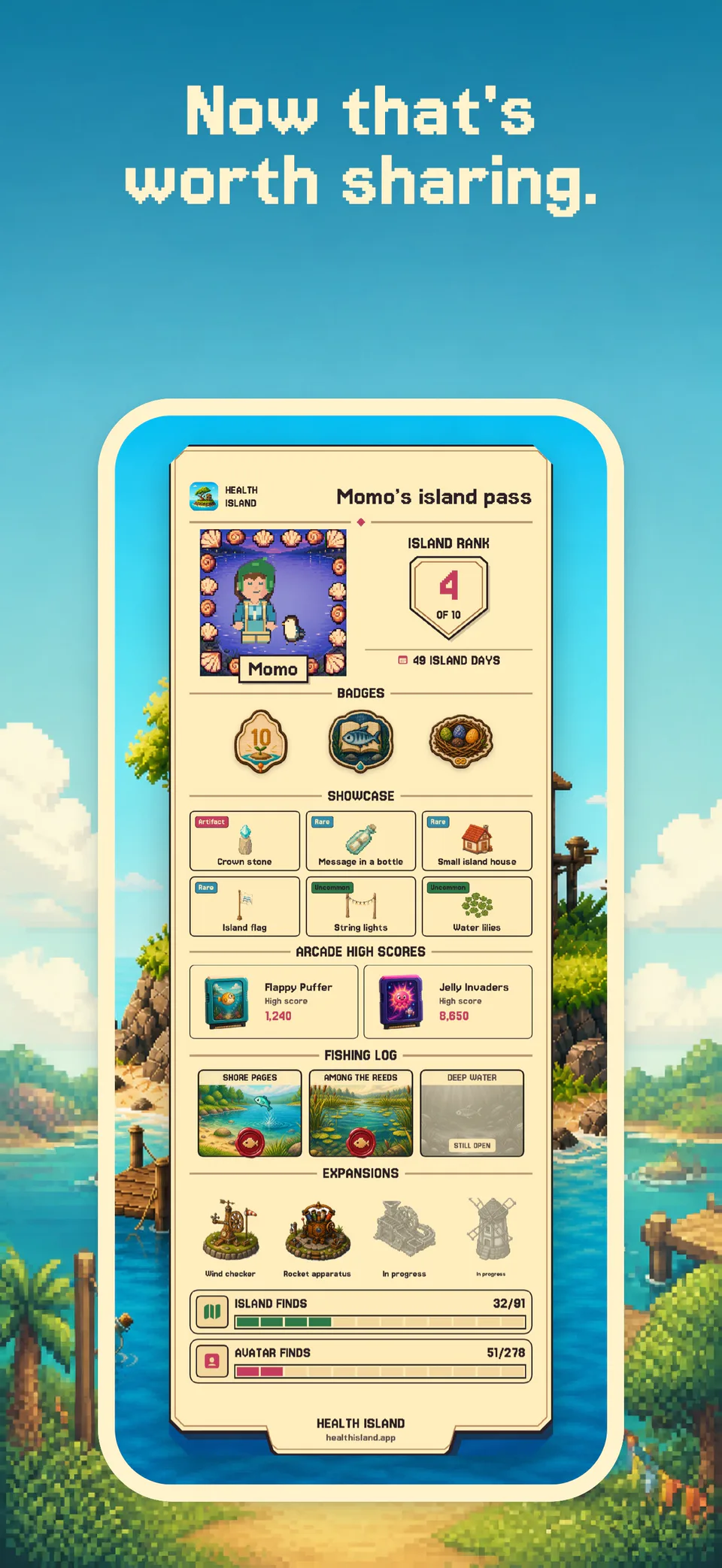 A personal island pass with badges, showcase finds, arcade records, fishing log and island projects on iPhone.