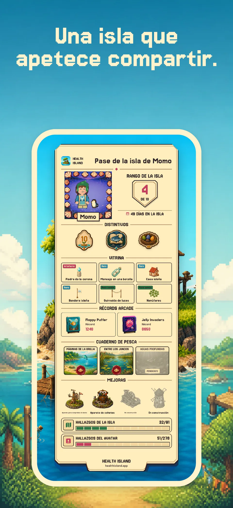 Un Pase de la isla personal con distintivos, vitrina, récords arcade, Cuaderno de pesca y ampliaciones en Health Island en un iPhone.