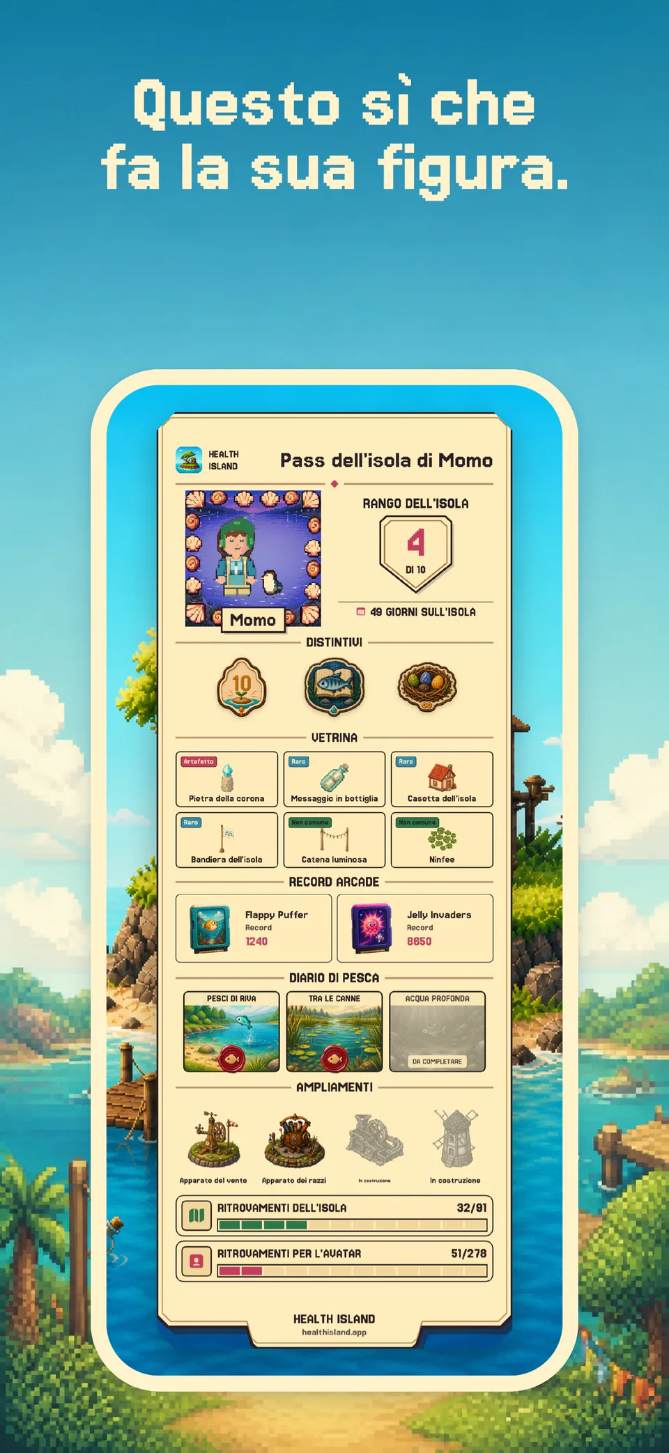 Un Pass dell’isola personale con distintivi, vetrina, record arcade, diario di pesca e ampliamenti su iPhone.
