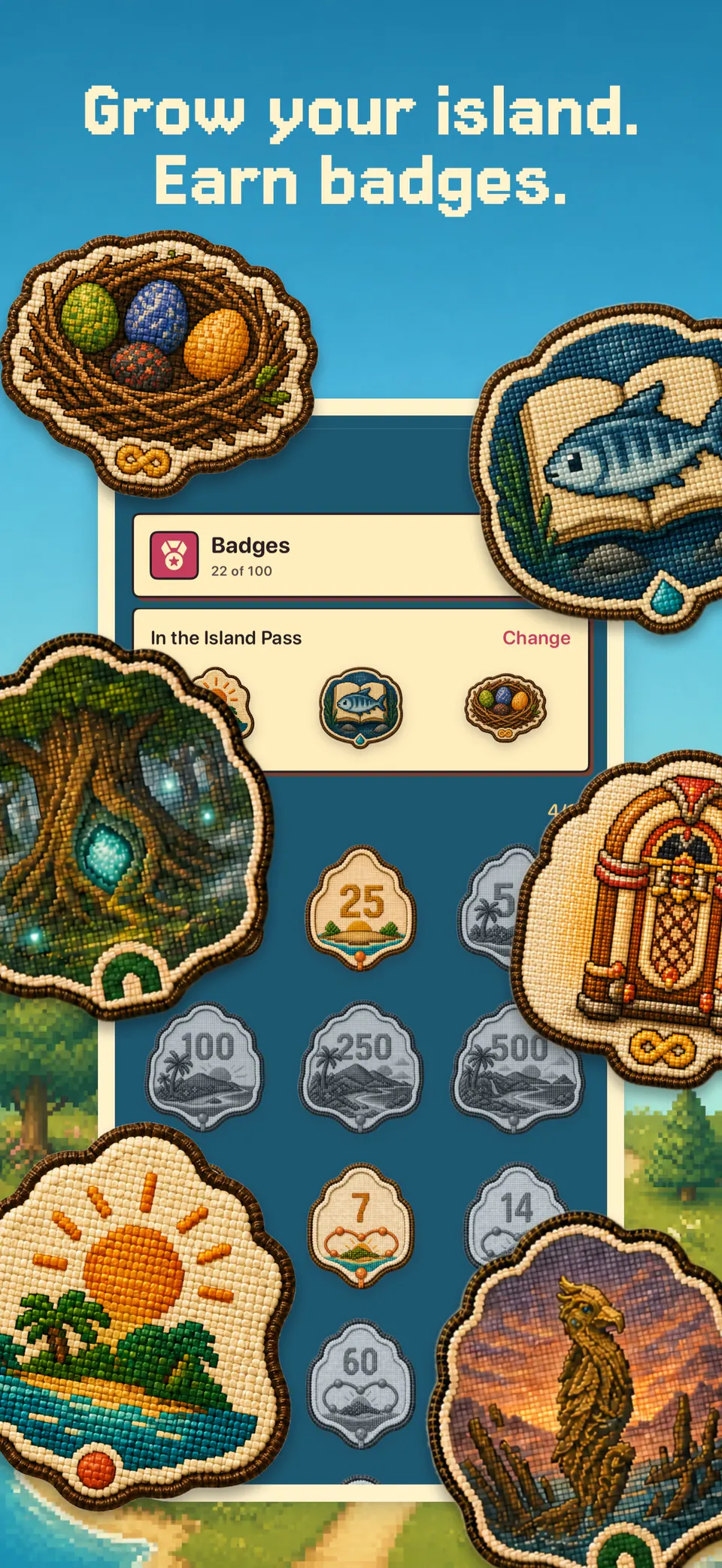 The badge gallery and three selected favorite badges on the Health Island island pass on iPhone.